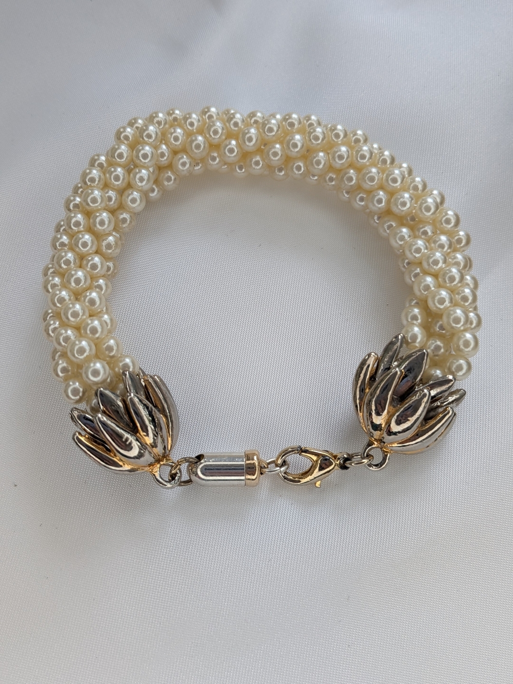 Vintage Woven Multi Strand Faux Seed Pearl Bracelet Floral End Caps 7.5"